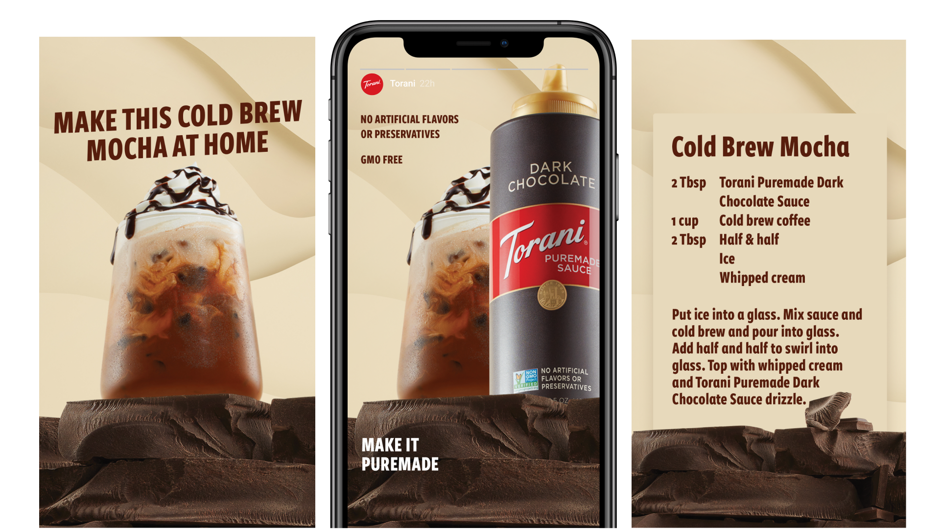 A series of instagram stories formatted carousel images for a dark chocolate cold brew recipe