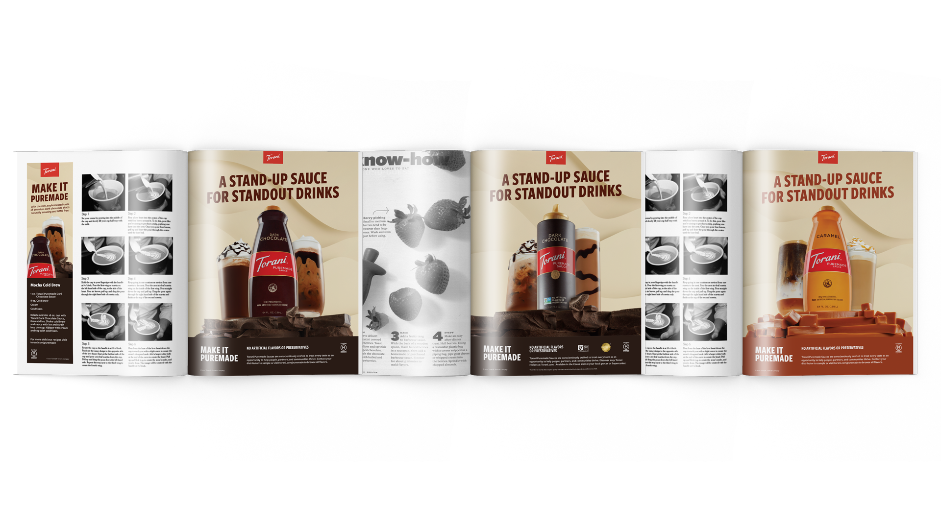 Magazine print ads for the Torani Stand-up Sauce campaign